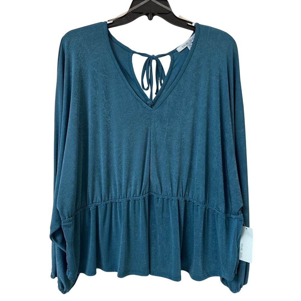 NWT Blue Sol 3X Blouse Slinky Teal Blue Gathered Waist Tie Neck Slight Scoop Hem